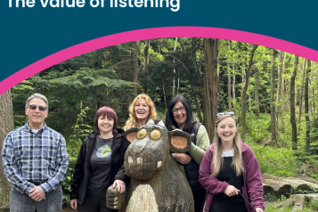 Annual Report cover with a picture of the team (4 women 1 man and a dog) at Hamsterley Forest next to the Gruffalo's child.